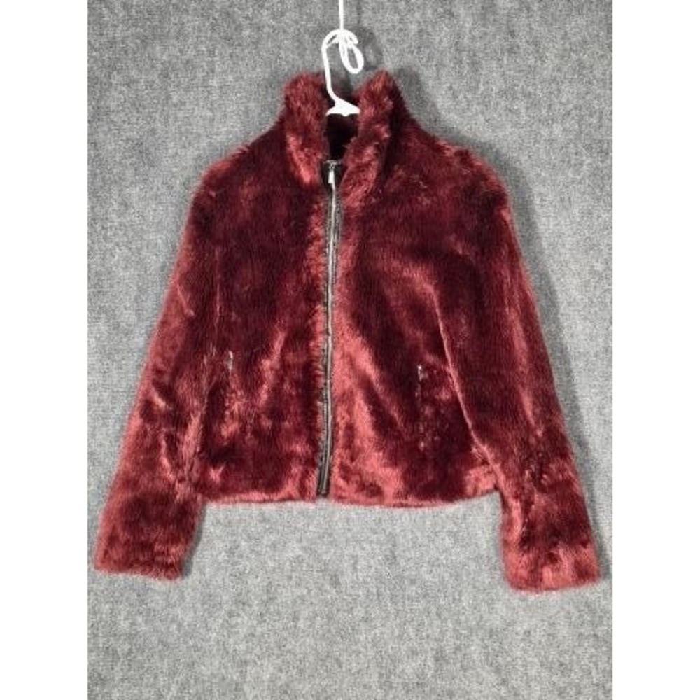 Express Faux Fur Jacket Women Sz S Burgundy Wine Red Full Zip Crop Coat Mob Wife
